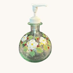 Hand Painted Glass Soap Dispenser White Floral Design Clear Bottle Pump